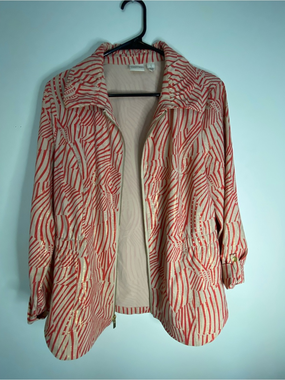 Women's Red & Cream Patterned Utility Jacket with Gold Accents